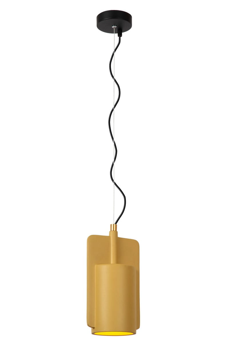 Lampa wisząca Ninja 1xE27 w kolorze czarnym i żółtym. Cylindryczny klosz z matowego metalu zawieszony na skręconym przewodzie. Prosta, nowoczesna forma. Widoczny żółty wnętrze klosza. Zawieszona na czarnej podsufitce.