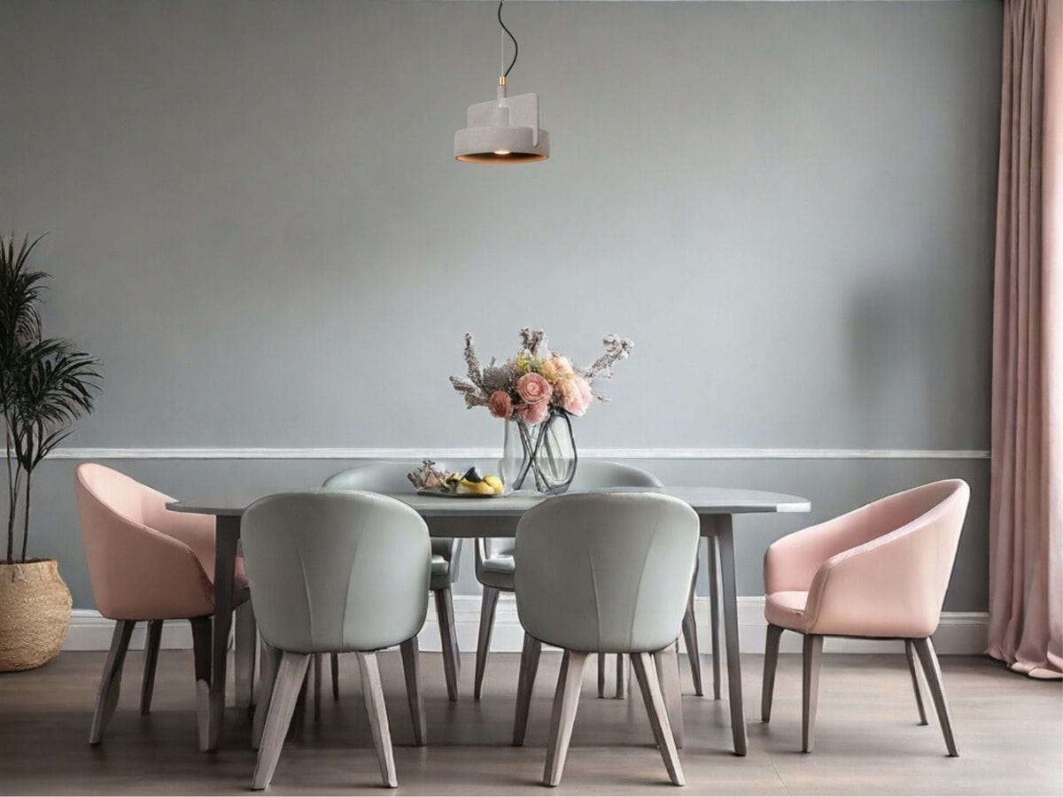 Lampa wisząca Ninja 1xE27 w kolorze czarnym i szarym, zawieszona nad okrągłym stołem w jadalni, otoczona pastelowymi krzesłami. W tle ściana w odcieniu szarości oraz bukiet kwiatów w wazonie.