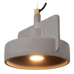 Lampa wisząca Ninja 1xE27 w kolorze czarnym i szarym, wykonana z betonu. Posiada okrągły klosz z matową fakturą oraz złoty detal przy mocowaniu. Ujęcie z boku z widocznym źródłem światła w środku.