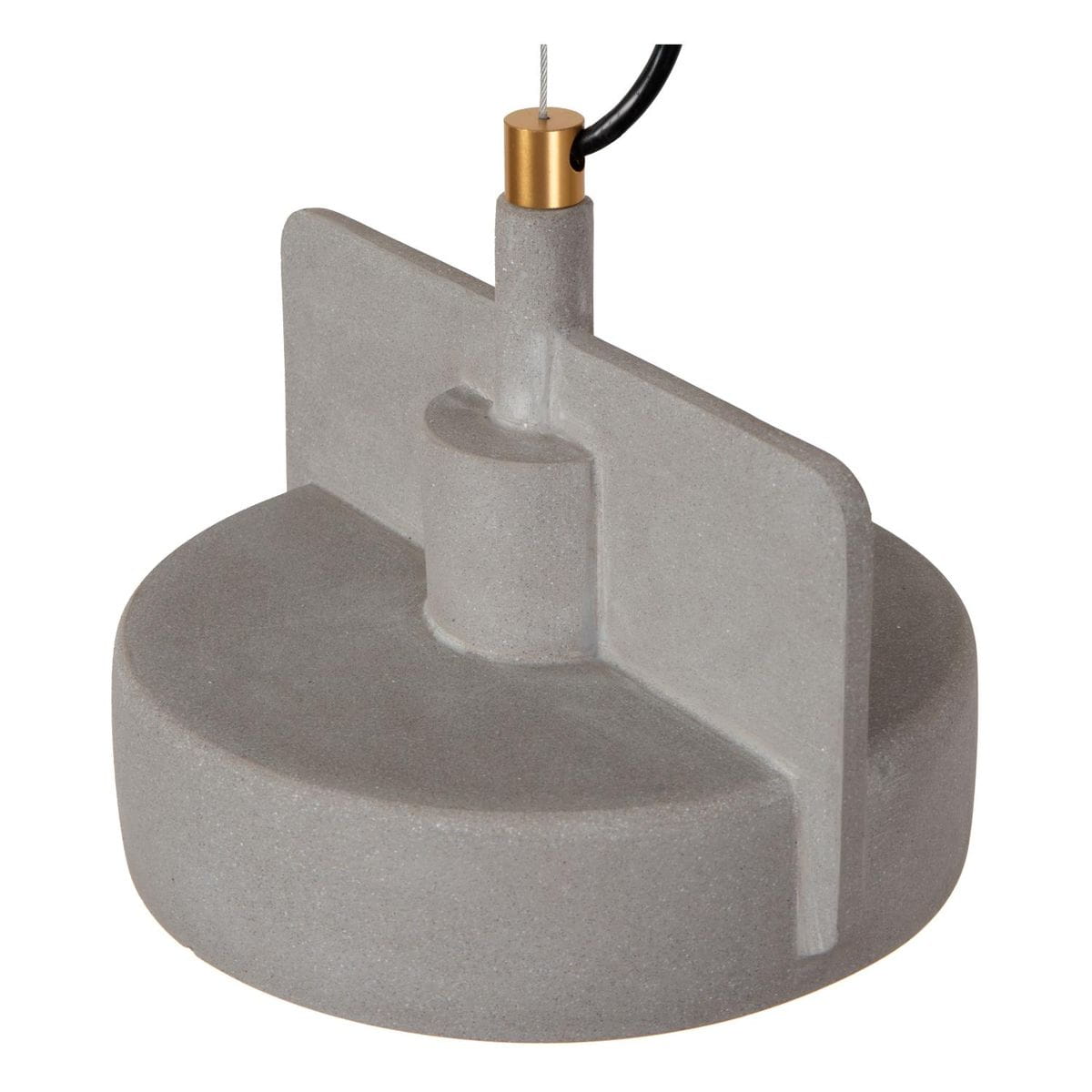 Lampa wisząca Ninja 1xE27 w kolorze czarnym i szarym, z betonowym kloszem o okrągłym kształcie i prostokątnym wcięciem. Elementy metalowe w kolorze złotym. Zawieszona na cienkim przewodzie elektrycznym na białym tle.