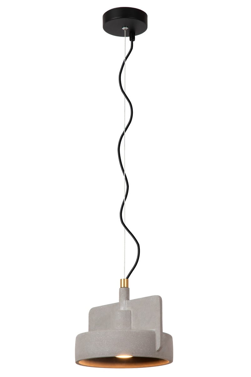 Lampa wisząca Ninja z jednym gniazdem E27, w kolorze czarnym i szarym, o betonowym kloszu z geometrycznym wzorem. Ujęcie z dołu, zawieszona na czarnym kablu, z widocznym złotym detalem u podstawy. Tło białe, co podkreśla design lampy.