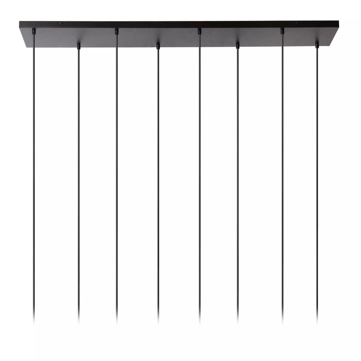 Lampa wisząca Chayanne z miejscem na 8 żarówek E14, w kolorze czarnym. Płaska, prostokątna podstawa z metalowymi linkami w pionie, zawieszona na suficie, idealna do nowoczesnych wnętrz.