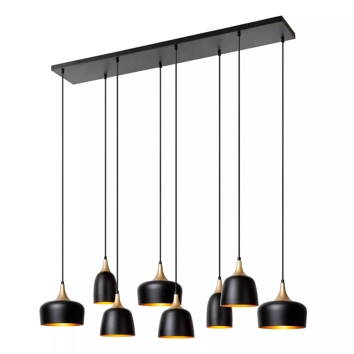 Lampa wisząca Chayanne z ośmioma kloszami E14, w kolorze czarnym z metalicznymi akcentami. Wisi na długich czarnych kablach z prostokątnym mocowaniem sufitowym. Kształt kloszy: różne wysokości, zaokrąglone, dekoracyjne. Idealna do nowoczesnych wnętrz.
