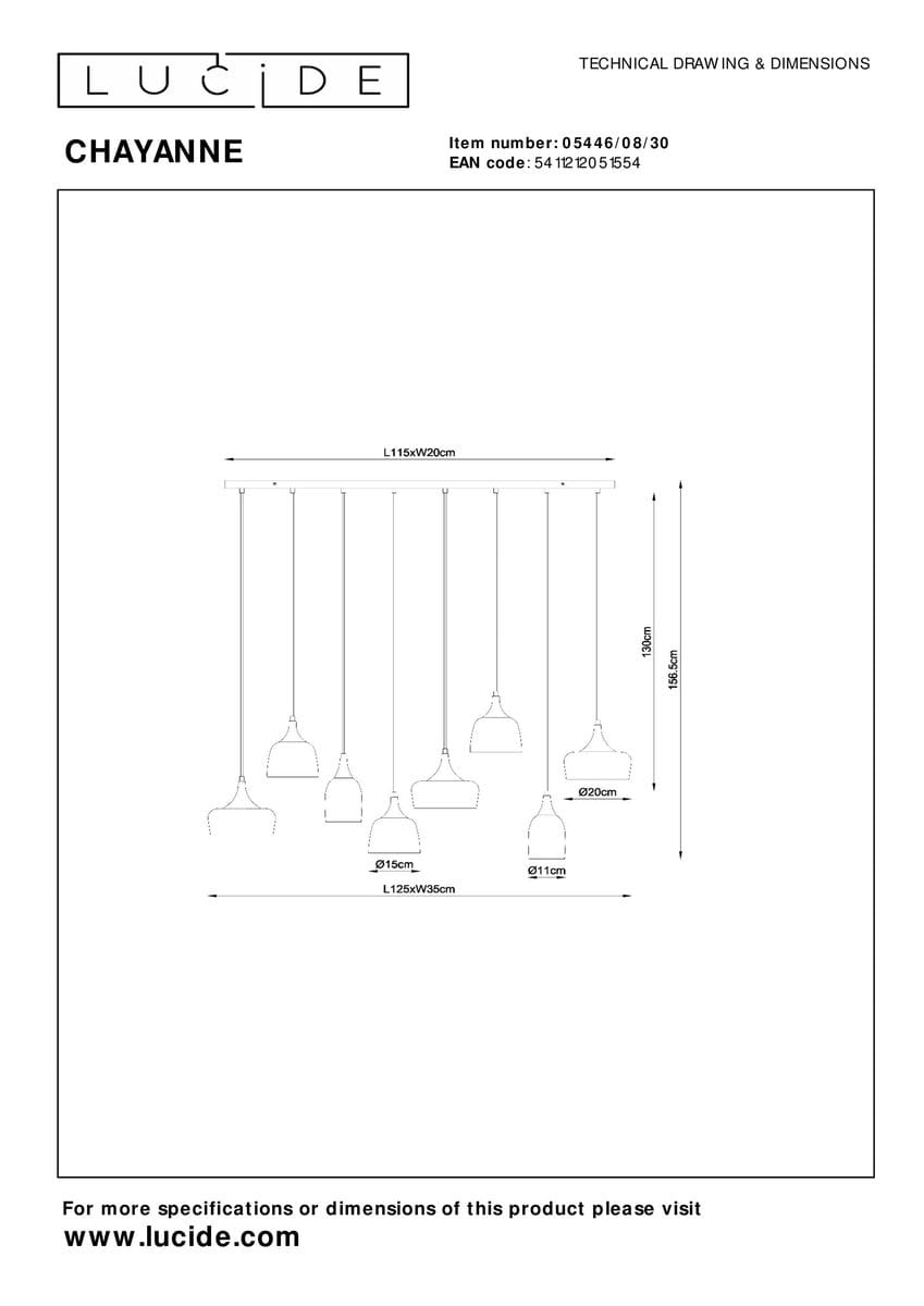 Lampa wisząca Chayanne z ośmioma gniazdami E14 w kolorze czarnym. Kształt cylindryczny, różne średnice kloszy: 11 cm, 15 cm, 20 cm. Długość 115 cm, szerokość 20 cm, wysokość 130 cm. Zawieszona na cienkich linkach, minimalistyczny design.
