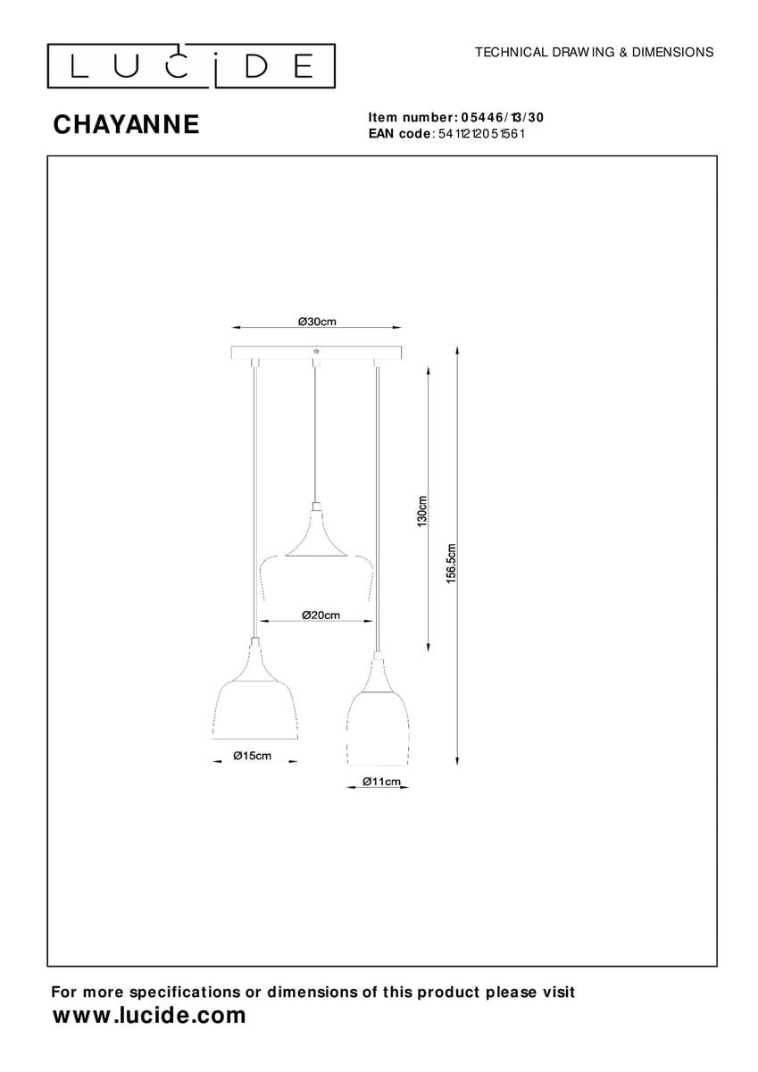 Czarna lampa wisząca Chayanne z trzema oprawami E14. Ujęcie z góry, pokazujące wymiary: szerokość 30 cm, wysokość 156,5 cm. Każda lampa ma różne średnice: 20 cm, 15 cm i 11 cm. Prosta konstrukcja z metalowym stelażem. Idealna do nowoczesnych wnętrz.