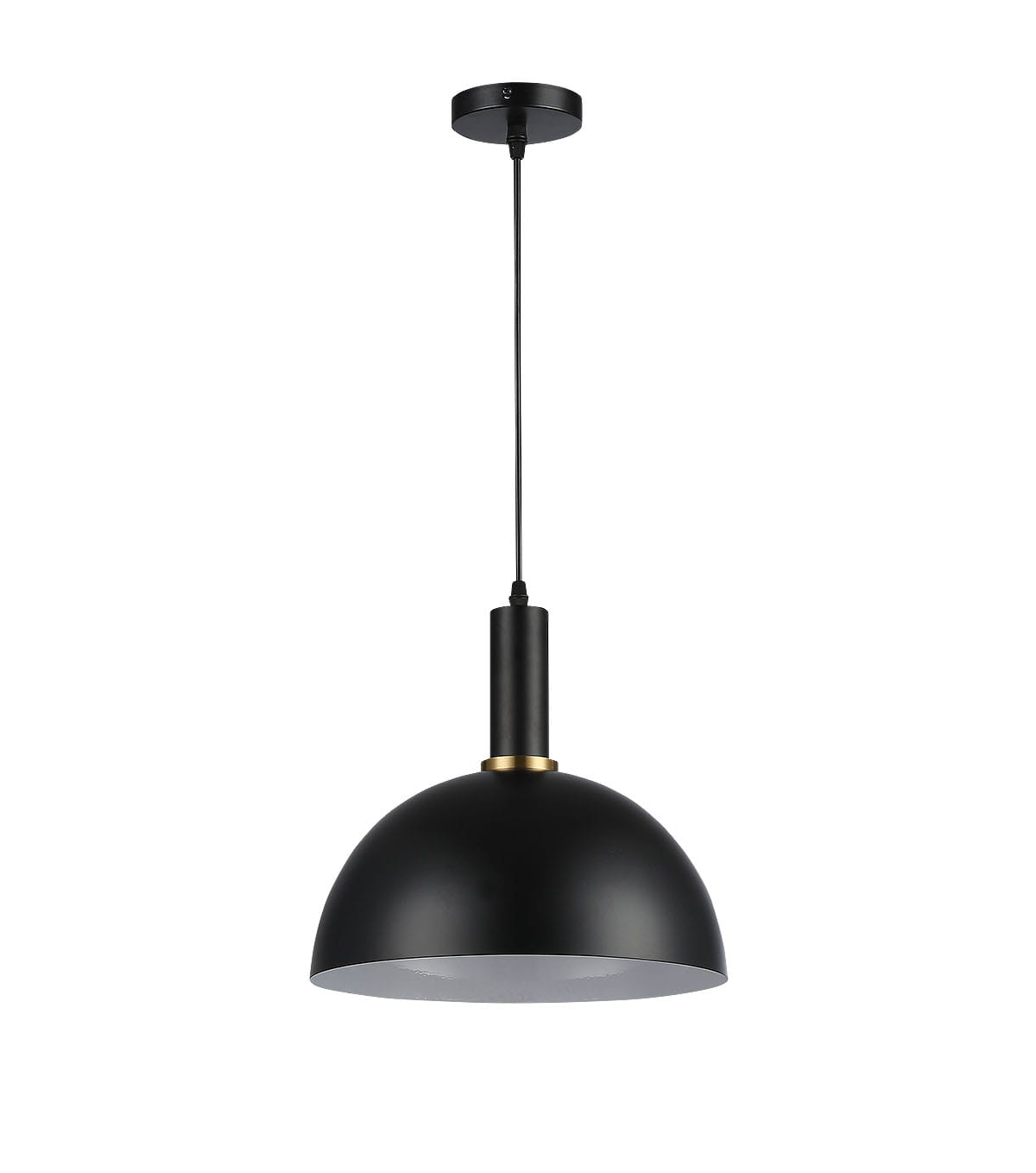 Czarna lampa wisząca Koko z metalowym kloszem w kształcie półkuli, zawieszona na cienkim, czarnym przewodzie. U góry złoty detal przy mocowaniu. Oświetlenie z gniazdem E27, idealne do nowoczesnych wnętrz.