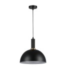 Czarna lampa wisząca Koko z metalowym kloszem w kształcie półkuli, zawieszona na cienkim, czarnym przewodzie. U góry złoty detal przy mocowaniu. Oświetlenie z gniazdem E27, idealne do nowoczesnych wnętrz.