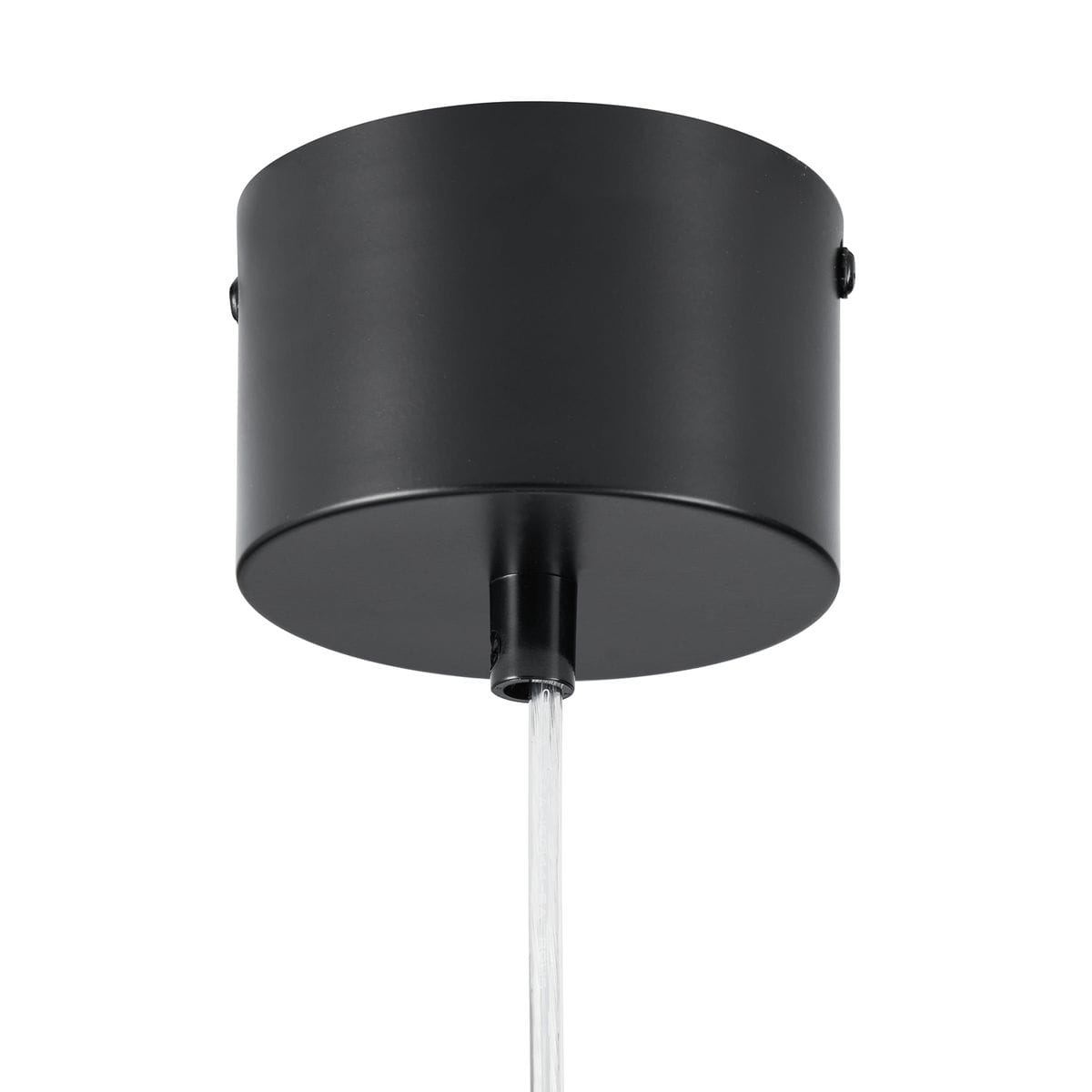 Lampa wisząca Piatto z czarnym, okrągłym uchwytem sufitowym i przezroczystym kablem. Widoczna instalacja dla trzech żarówek E27. Prosta, minimalistyczna konstrukcja, montowana pod sufitem, idealna do nowoczesnych wnętrz.