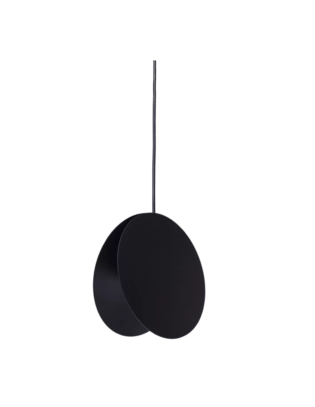 Lampa wisząca Pills 33 w kolorze czarnym z jedną oprawą GU10. Posiada dwa okrągłe, minimalistyczne klosze, zawieszona na cienkim przewodzie, widok frontalny na produkt.