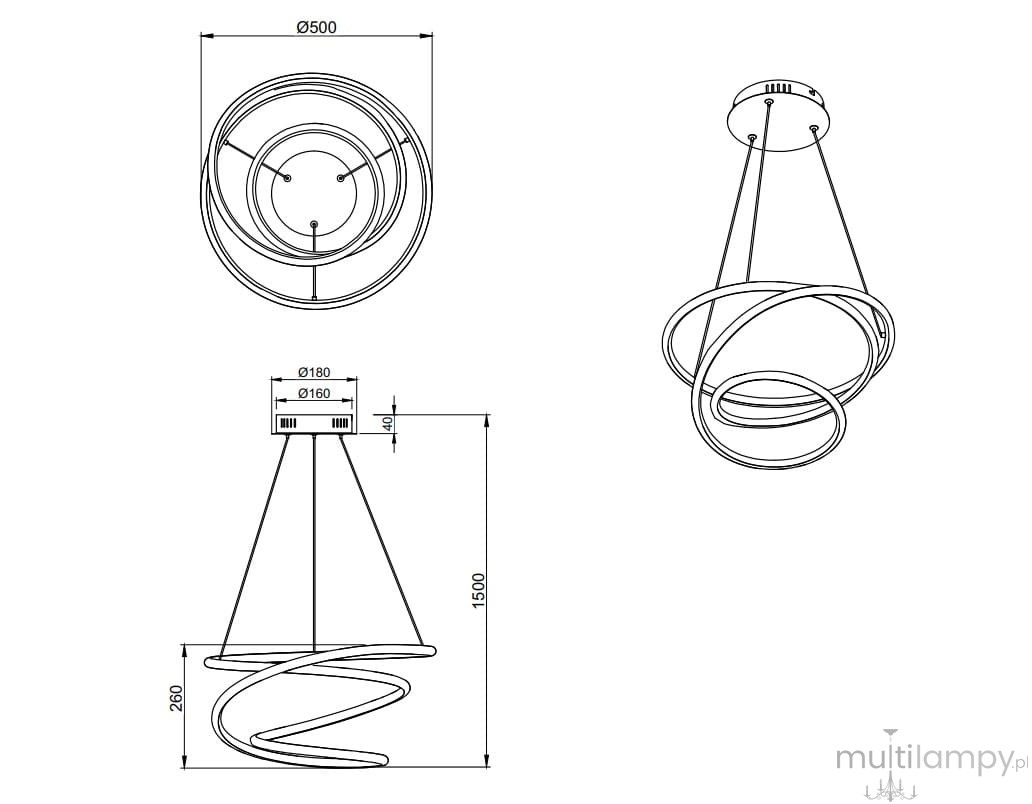 Lampa wisząca Bologna LED 1-punktowa w kolorze chromu, o nowoczesnym kształcie spiralnym. Ujęcie z boku, pokazujące średnicę 500 mm i wysokość 1500 mm. Widoczny detal mocowania do sufitu oraz elastyczne przewody.