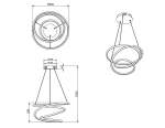 Lampa wisząca Bologna LED 1-punktowa w kolorze chromu, o nowoczesnym kształcie spiralnym. Ujęcie z boku, pokazujące średnicę 500 mm i wysokość 1500 mm. Widoczny detal mocowania do sufitu oraz elastyczne przewody.