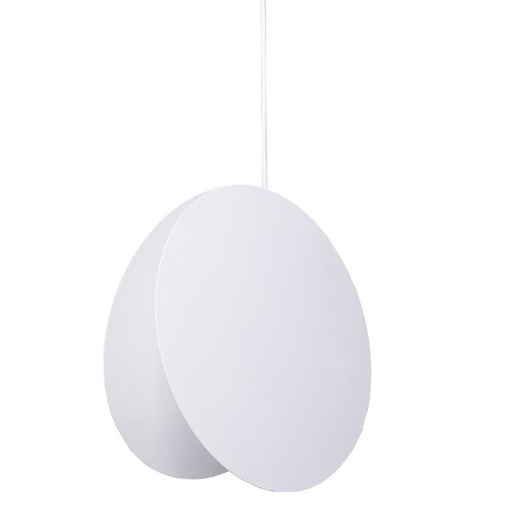 Lampa wisząca Pills 23, biała, z podwójnym okrągłym kloszem, zawieszona na białym przewodzie. Wymaga żarówki GU10. Prosty, nowoczesny design, idealna do różnych wnętrz.