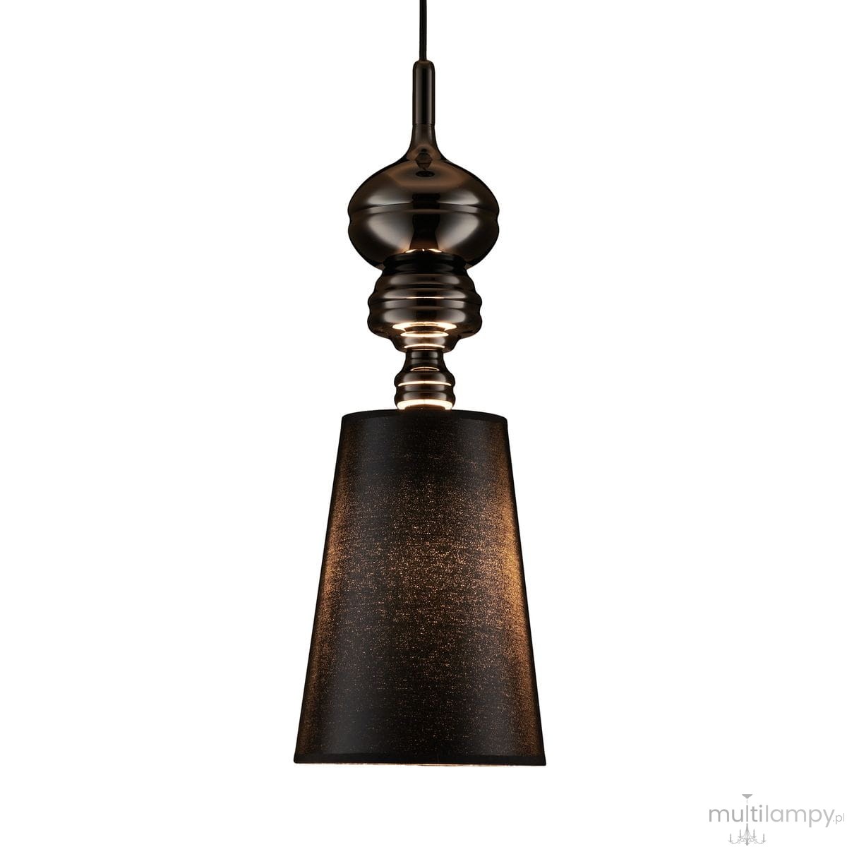 Czarna lampa wisząca Queen D18 z kloszem w kształcie stożka, wykonana z materiału o teksturowanej powierzchni. Posiada dekoracyjny element w górnej części, zwisająca na cienkim przewodzie. E27, przeznaczona do montażu sufitowego.