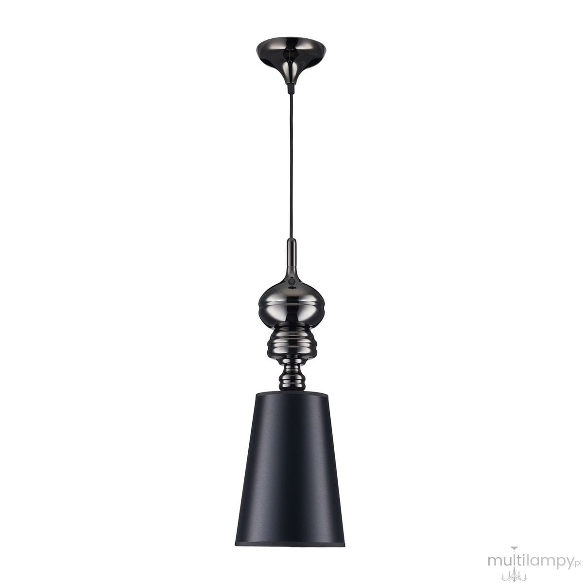 Czarna lampa wisząca Queen D18 z oprawą na jedną żarówkę E27. Posiada elegancki, stożkowy klosz oraz dekoracyjny uchwyt. Zawieszona na cienkim przewodzie, idealna do nowoczesnych wnętrz. Tło białe, co podkreśla jej formę.