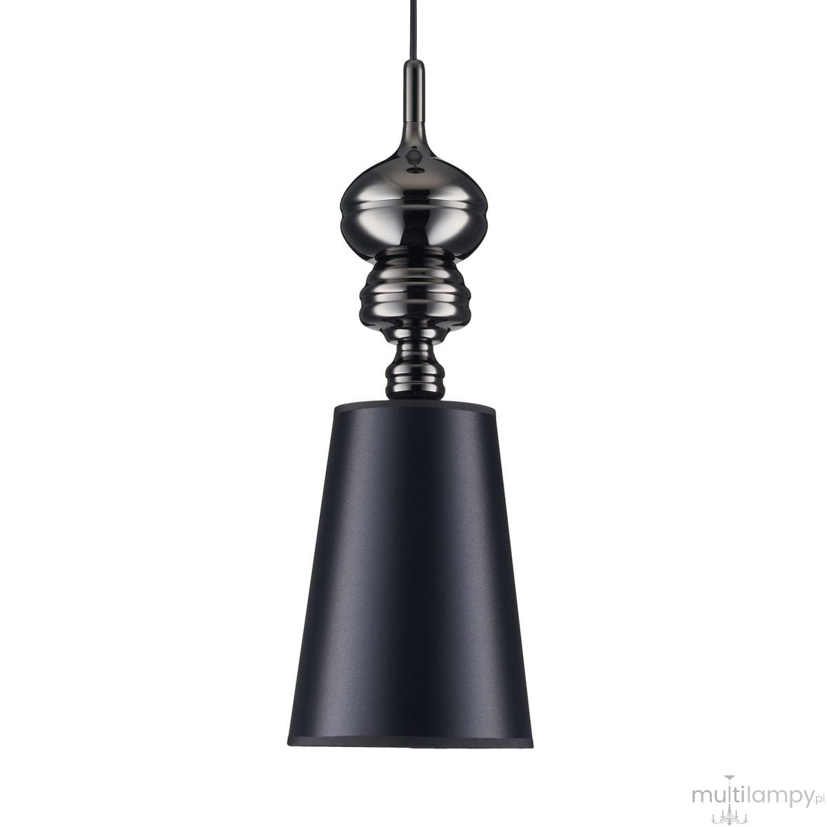 Czarna lampa wisząca Queen D18 z kloszem w kształcie stożka, wykonana z matowego metalu. Posiada dekoracyjny element w górnej części w połyskującym wykończeniu. Zawieszona na cienkim przewodzie, idealna do nowoczesnych wnętrz.