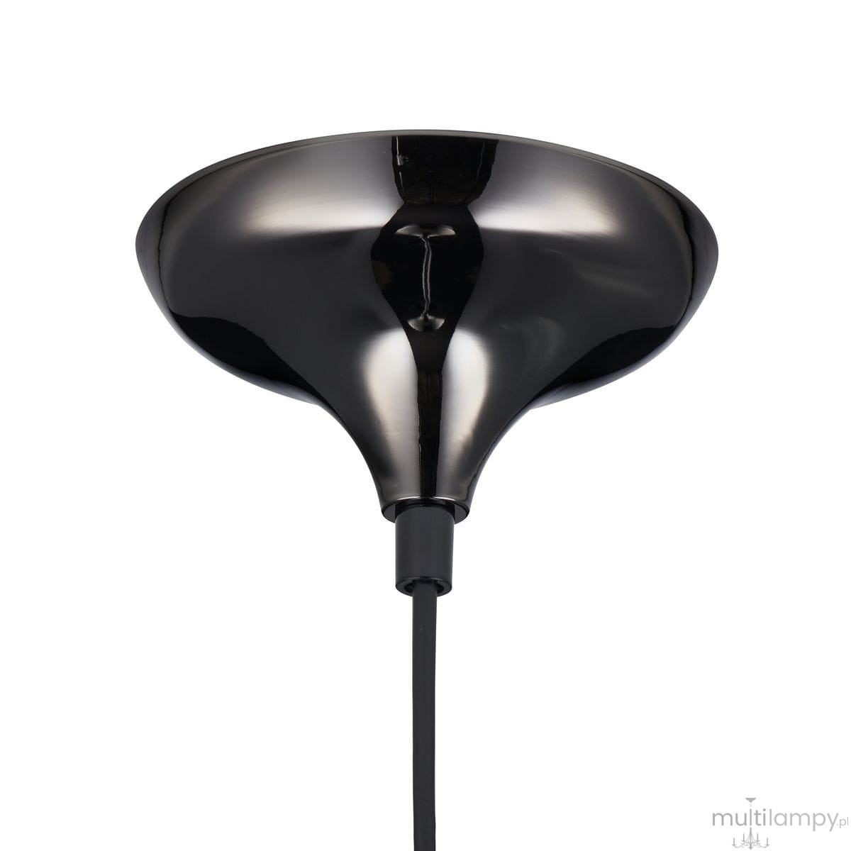 Lampa wisząca Queen D18 w kolorze czarnym, wykonana z błyszczącego metalu. Ujęcie z dołu, ukazujące stożkowy kształt klosza oraz przewód. Przeznaczona na żarówkę E27. Tło białe, co podkreśla elegancki design produktu.
