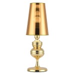 Lampa stołowa Queen H18 o złotej barwie, z cylindrycznym kloszem i dekoracyjną podstawą. Widok frontalny, lampa ma elegancki, błyszczący wykończenie i jest wyposażona w gniazdo E27. Idealna do aranżacji wnętrz.