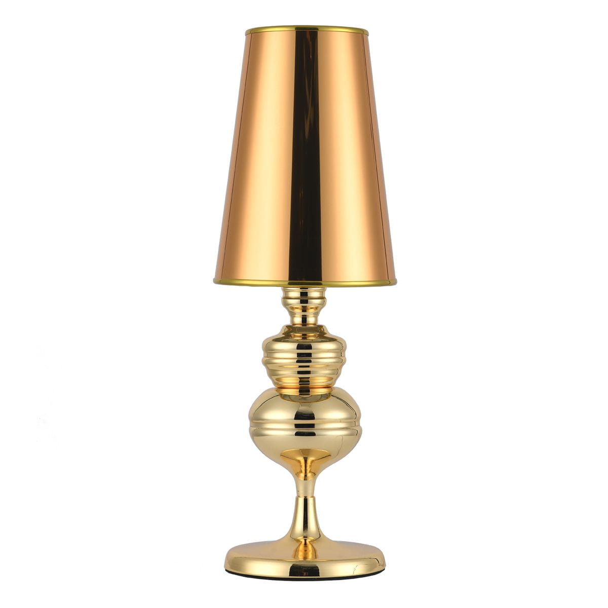 Lampa stołowa Queen H25 w kolorze złotym, z metalowym kloszem i ozdobnym, kulistym podstawą. Ujęcie frontalne, lampa stoi na płaskiej powierzchni, z wydłużonym kloszem w kształcie stożka. Idealna do eleganckich wnętrz.
