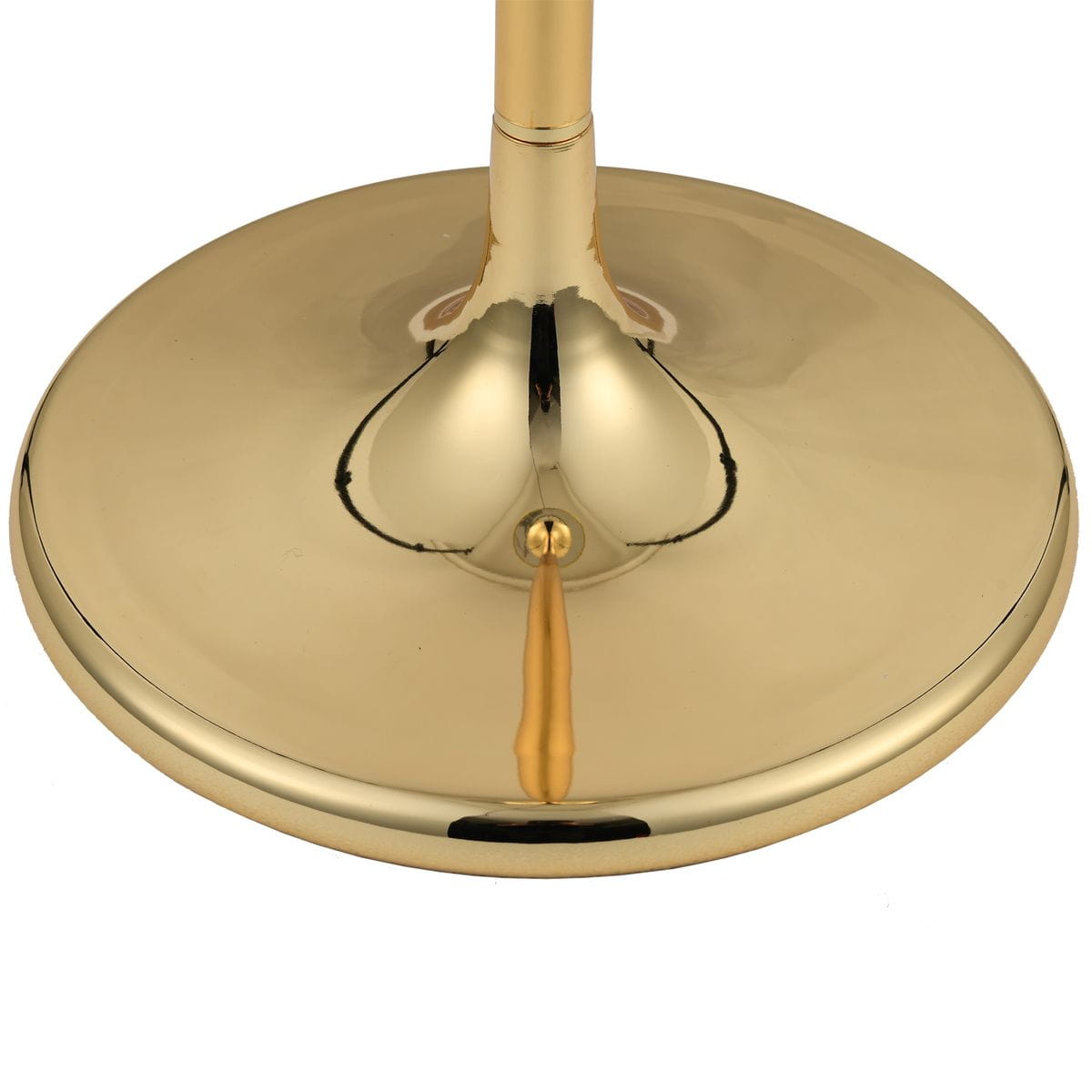 Złota lampa stołowa Queen H25 z podstawą o okrągłym kształcie i błyszczącej powierzchni. Widoczny detal mocowania oraz gładki, lustrzany wykończenie. Produkt w pozycji stojącej, idealny do eleganckich aranżacji wnętrz.