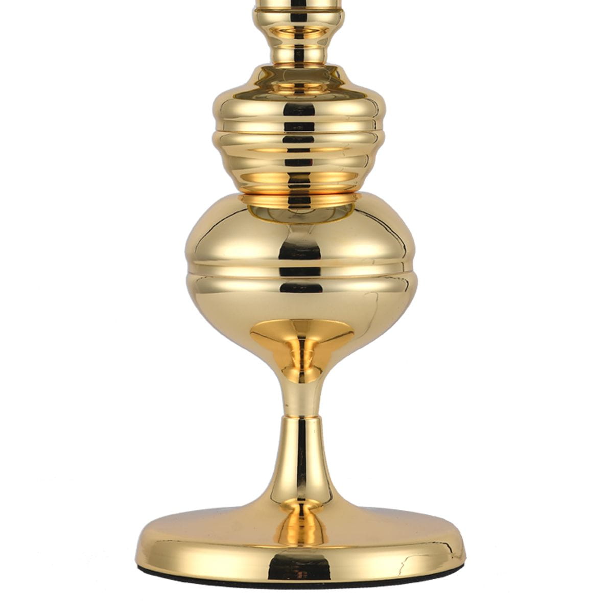 Lampa stołowa Queen H25 w kolorze złotym, wykonana z metalu. Posiada okrągłą podstawę oraz dekoracyjny, wieloczęściowy klosz. Ujęcie frontalne, pokazujące detale wykończenia i fakturę powierzchni. Idealna do eleganckich wnętrz.