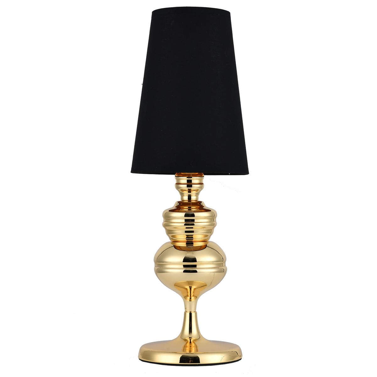Lampa stołowa Queen H18 z metalowym, złotym korpusem i czarnym, stożkowym kloszem. Ustawiona w pozycji stojącej, z widoczną dekoracyjną podstawą i delikatnymi żłobieniami na korpusie. Idealna do eleganckich wnętrz.