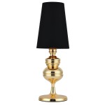 Lampa stołowa Queen H18 z metalowym, złotym korpusem i czarnym, stożkowym kloszem. Ustawiona w pozycji stojącej, z widoczną dekoracyjną podstawą i delikatnymi żłobieniami na korpusie. Idealna do eleganckich wnętrz.