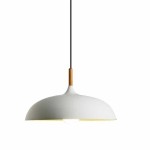 Lampa wisząca Saucer 1xE27 w kolorze białym z drewnianym uchwytem. Posiada okrągły, lekko zaokrąglony klosz z matowego materiału oraz czarny przewód. Widoczna żarówka w dolnej części klosza.