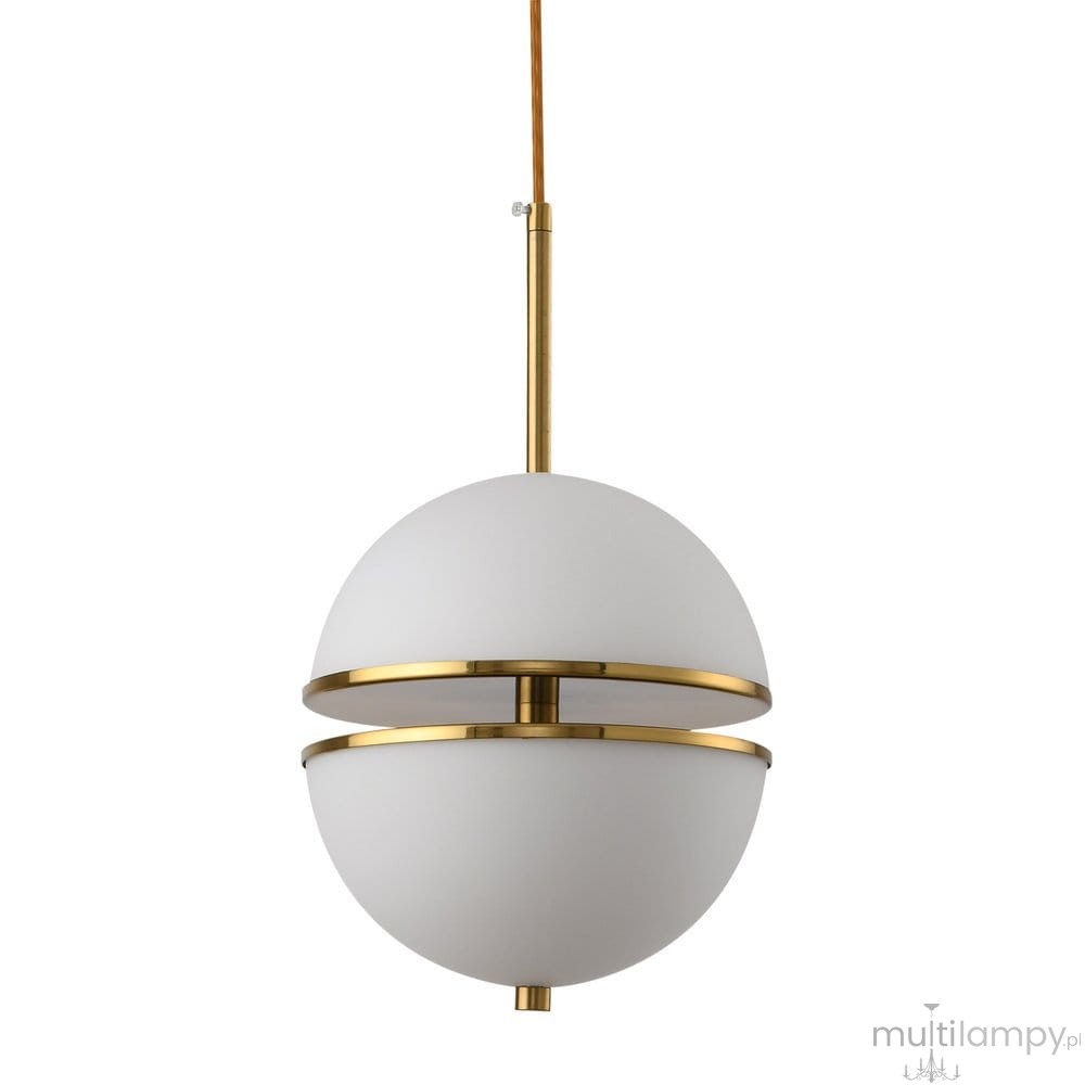 Lampa wisząca Sfera 2xLED/12W w kolorze złotym, z białym kloszem w kształcie półkul. Ujęcie frontalne, zawieszona na cienkim przewodzie. Złota obręcz podkreśla elegancki design. Idealna do nowoczesnych wnętrz.