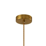 Lampa wisząca Sfera złota, z metalowym, okrągłym mocowaniem sufitowym. Posiada jeden cienki przewód w kolorze brązowym. Przeznaczona do montażu z dwoma żarówkami LED o mocy 12W. Tło białe, co podkreśla elegancki wygląd lampy.