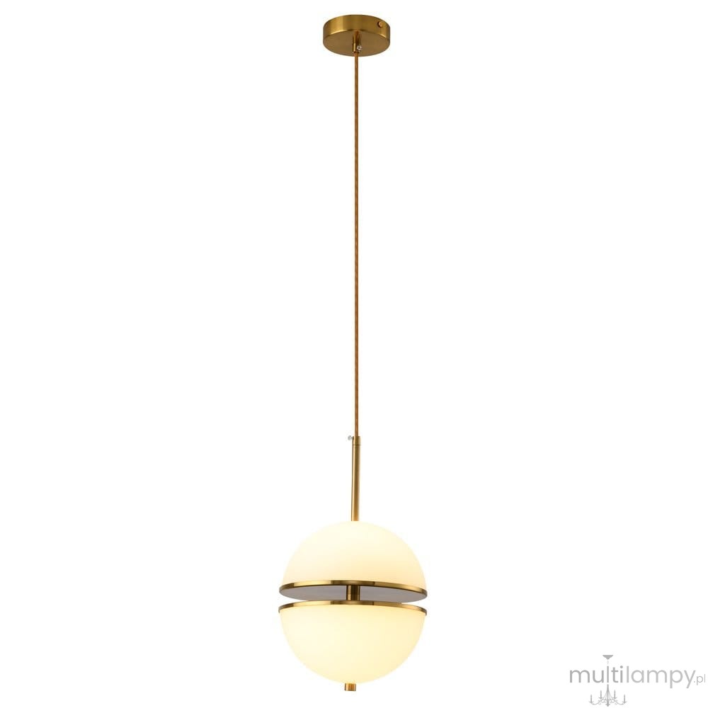 Lampa wisząca Sfera 2xLED/12W w kolorze złotym z okrągłym kloszem z mlecznego szkła. Produkt zawieszony na długim, złotym przewodzie, z widocznym elementem mocującym. Prosty, nowoczesny design idealny do różnych aranżacji wnętrz.