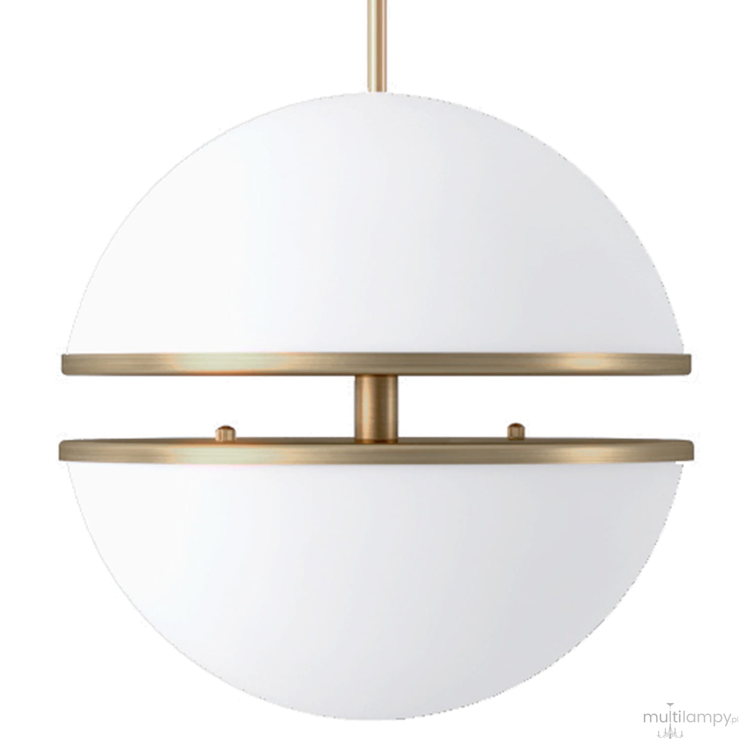 Lampa wisząca Sfera 2xLED/12W w kolorze złotym, z białym, półprzezroczystym kloszem w kształcie kuli. Produkt zawieszony na smukłym przewodzie, z widocznymi metalowymi elementami. Zastosowanie w nowoczesnych aranżacjach wnętrz.