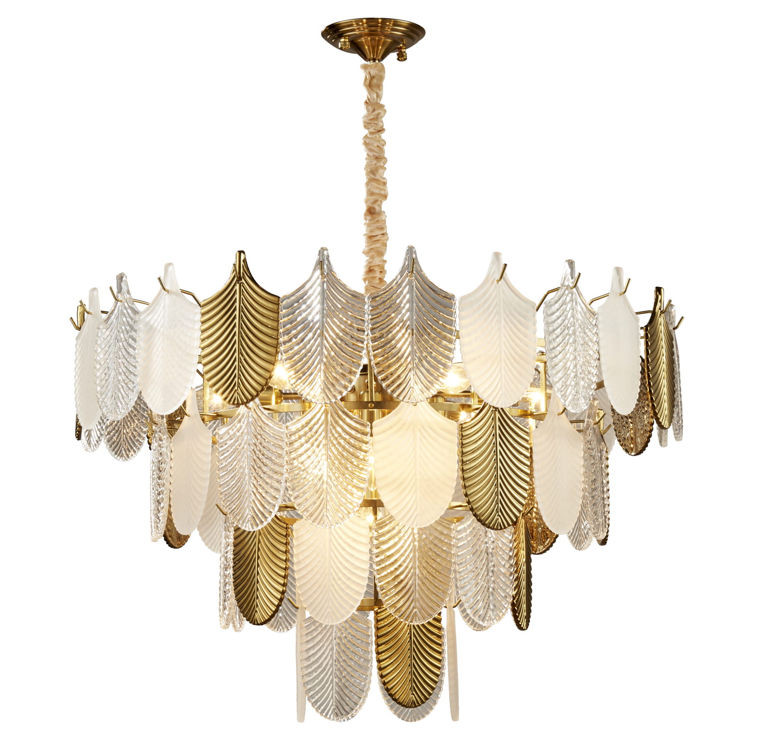 Lampa wisząca Secret w kolorze złotym, o średnicy 15 cm, z 15 gniazdami E14. Posiada dekoracyjne, liściaste elementy w odcieniach białego i przezroczystego szkła, zawieszona na plecionym przewodzie. Stylowy detal do nowoczesnych wnętrz.