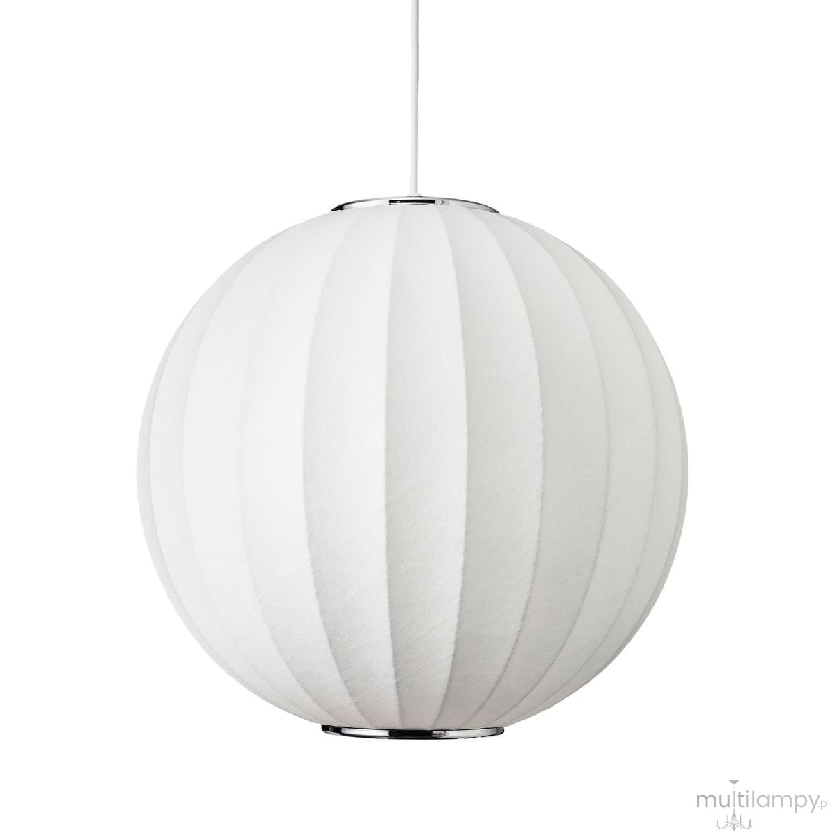 Lampa wisząca Silk D30 w kolorze białym, o okrągłym kształcie z pionowymi żłobieniami. Wyposażona w gniazdo E27, zawieszona na białym przewodzie. Metalowy element u podstawy. Idealna do nowoczesnych wnętrz.