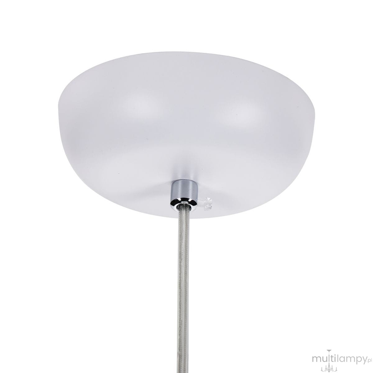 Lampa wisząca Silk D30 w kolorze białym, z metalowym mocowaniem i przezroczystym kloszem. Ujęcie z dołu, pokazujące sufitową część lampy oraz elementy montażowe. Wyposażona w miejsce na żarówkę E27.