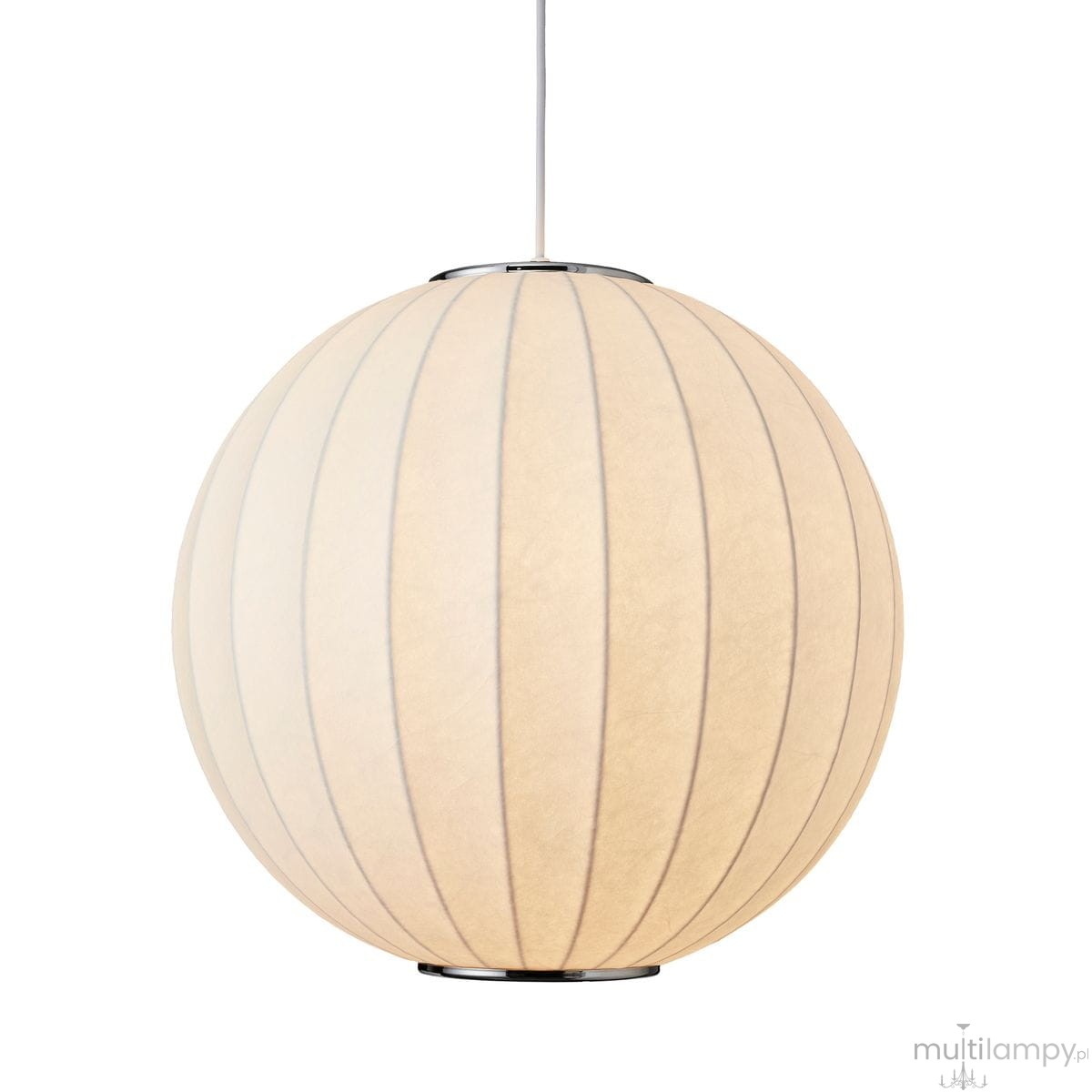 Biała lampa wisząca Silk D30 z jedną oprawą E27, w kształcie dużej, okrągłej kulki z delikatnymi paskami. Zawieszona na cienkim przewodzie, z metalowym mocowaniem u góry. Idealna do nowoczesnych wnętrz.