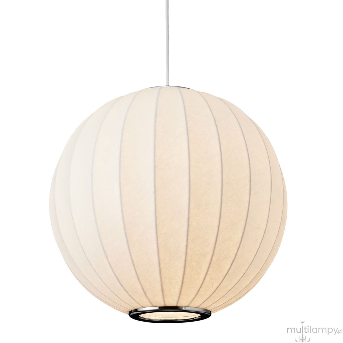 Lampa wisząca Silk D40 w kolorze białym, wykonana z materiału w formie okrągłej, z delikatnymi pionowymi liniami. Ujęcie z przodu, zawieszona na cienkim przewodzie, z metalowym obręczowym elementem na dole. E27, idealna do nowoczesnych wnętrz.