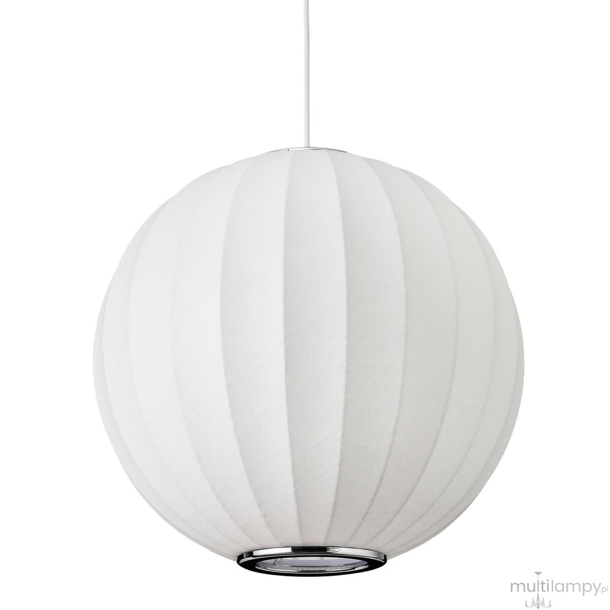 Lampa wisząca Silk D40 w kolorze białym z jednym gniazdem E27. Okrągły kształt z pionowymi żłobieniami, wykonana z materiału, zawieszona na białym przewodzie, z metalowym detalem u dołu. Idealna do nowoczesnych wnętrz.