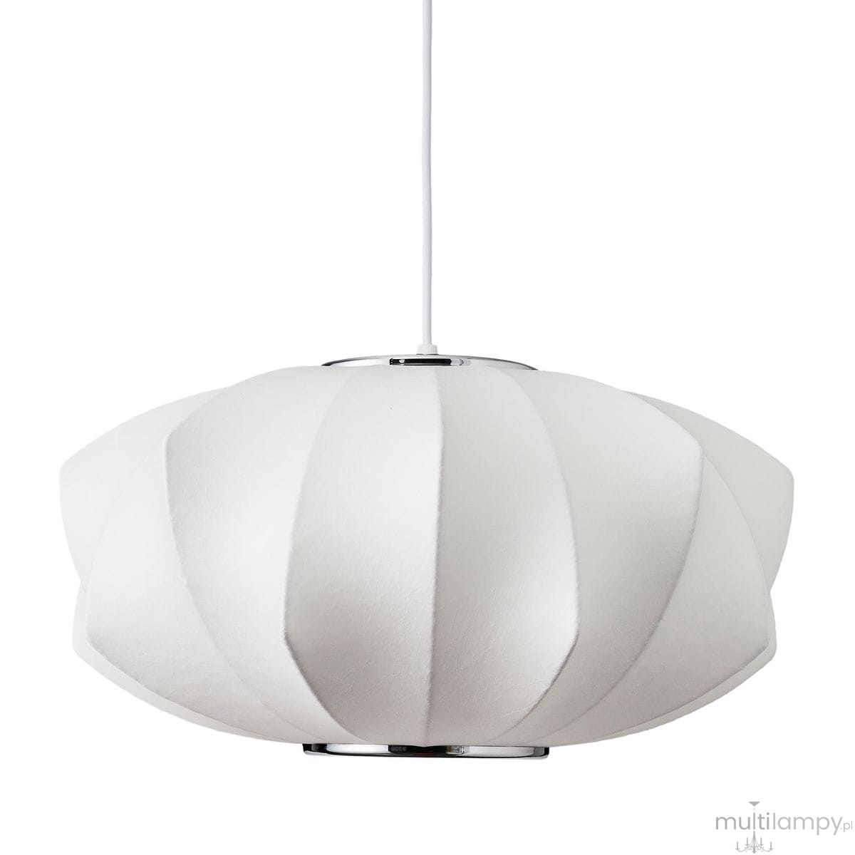 Lampa wisząca Silk V D45 w kolorze białym z kloszem o teksturowanej powierzchni, o okrągłym kształcie z wyraźnymi żłobieniami, zawieszona na białym przewodzie. Posiada miejsce na jedną żarówkę E27, metalowy element mocujący w dolnej części.