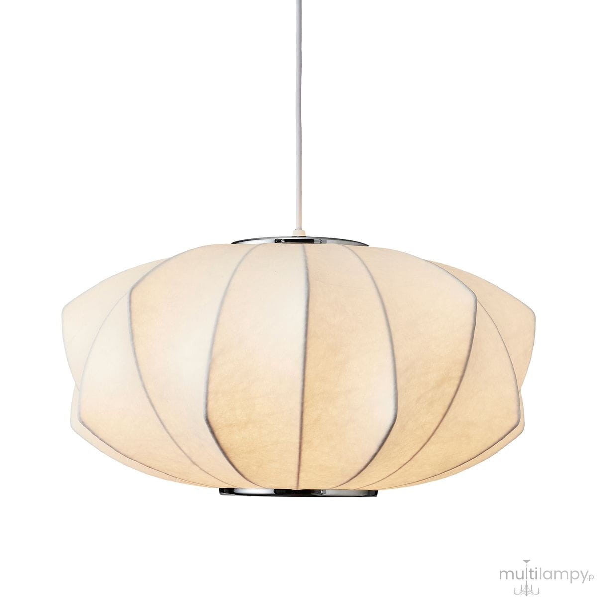 Lampa wisząca Silk V D45 z białym kloszem, wykonanym z materiału tekstylnego, o kształcie przypominającym kwiat. Posiada czarne linie dekoracyjne i metalowy uchwyt. Ujęcie z boku, podwieszona na białym przewodzie.