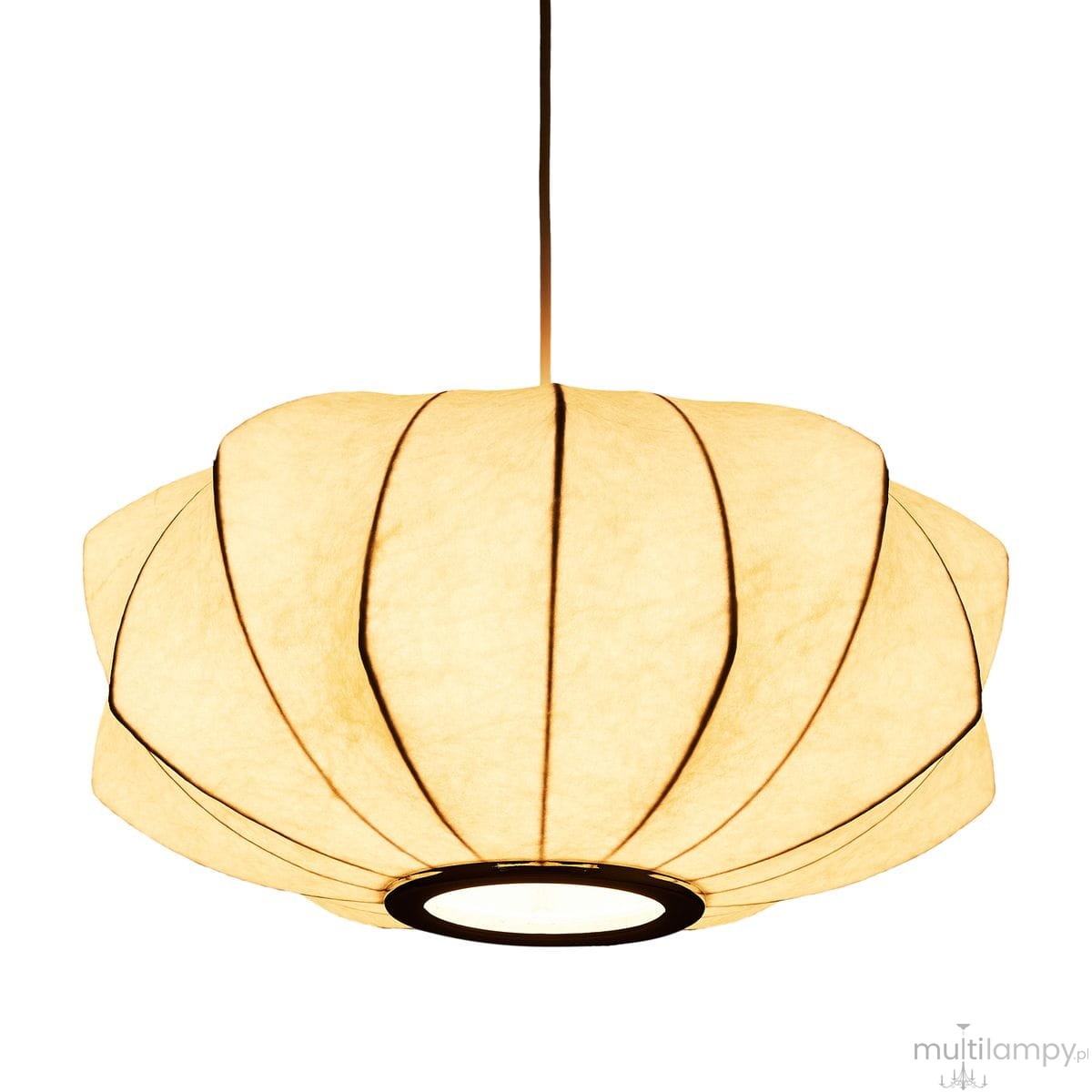 Biała lampa wisząca Silk V D45 z materiałowym kloszem w kształcie kwiatowym, z czarnymi przeszyciami. Ujęcie z dołu, zawieszona na cienkim kabelku, z okrągłym otworem na żarówkę E27. Idealna do nowoczesnych wnętrz.
