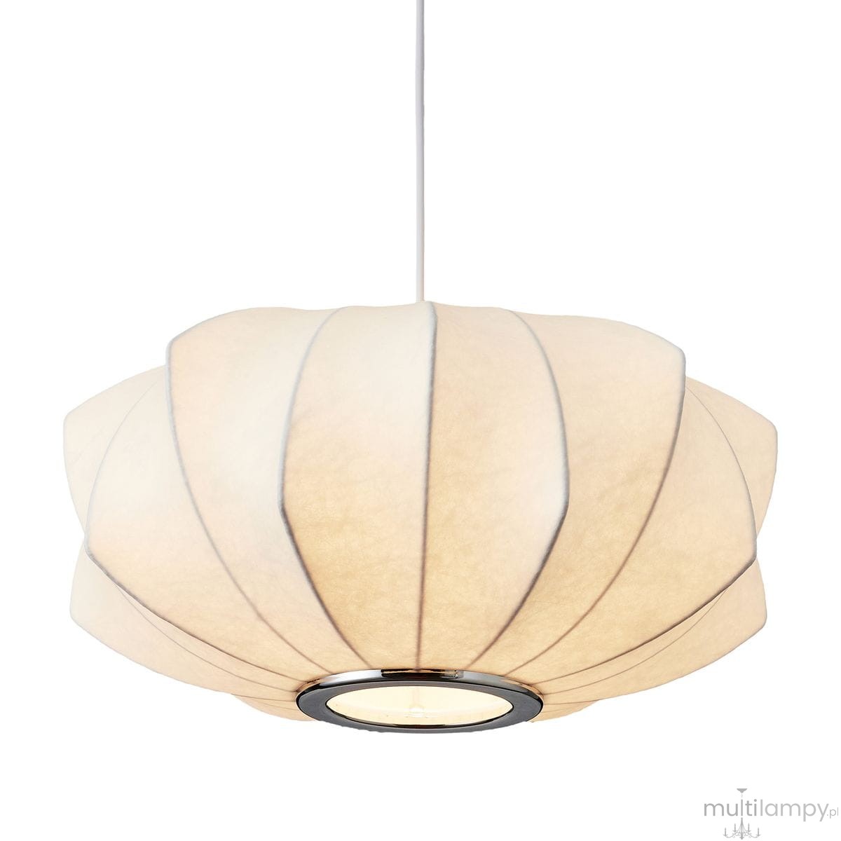 Lampa wisząca Silk V D45 w kolorze białym, z kształtem przypominającym kwiat. Posiada czarną obręcz u podstawy, z jednym gniazdem E27. Widoczna tekstura materiału, zawieszona na białym przewodzie, na jasnym tle.