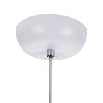 Lampa wisząca Silk X D40 w białym kolorze, z okrągłym, matowym kloszem i metalowym mocowaniem. Ujęcie z dołu, ukazujące zawieszenie na cienkiej stalowej linki. Wymaga żarówki E27.