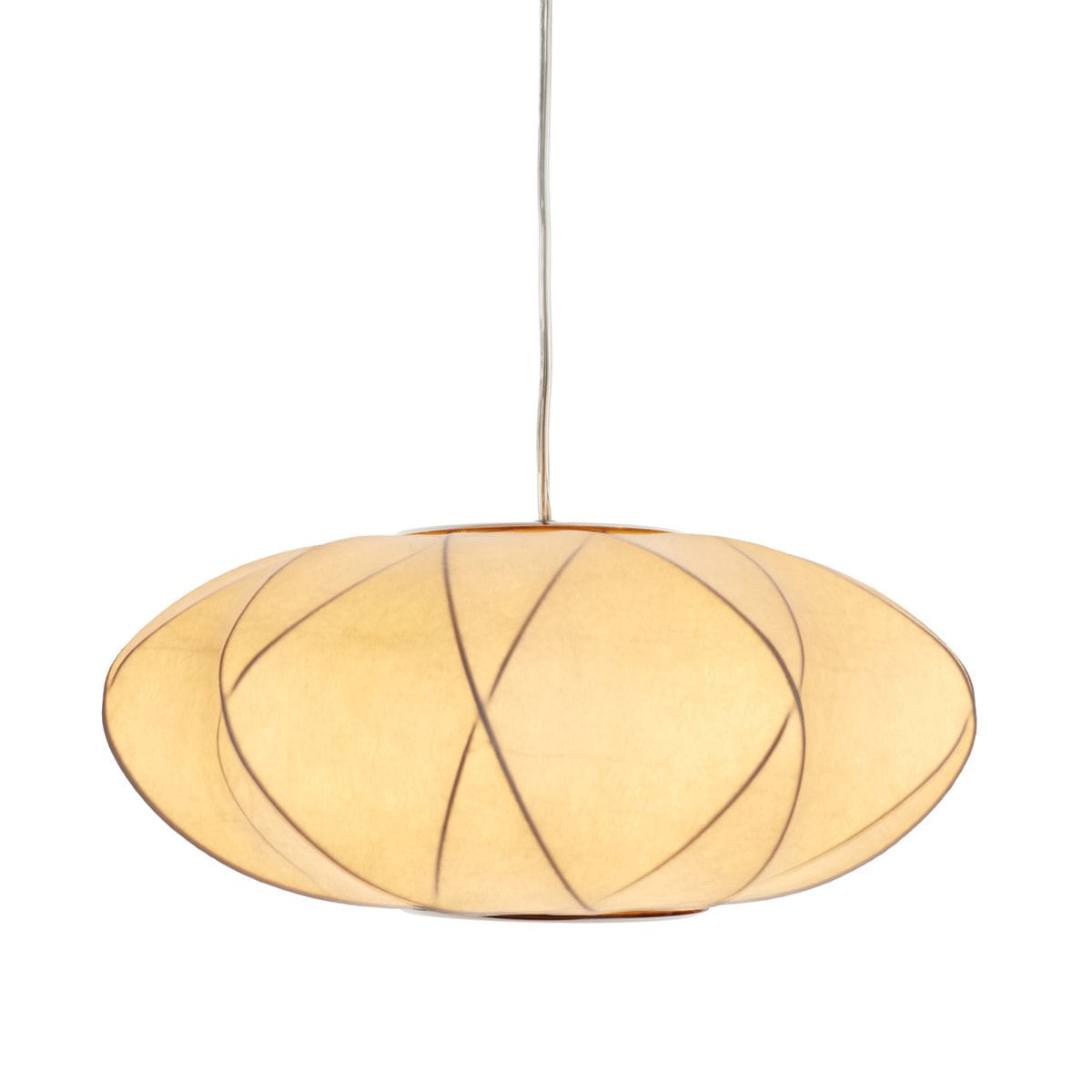 Lampa wisząca Silk X D40 w kolorze białym, z kloszem w kształcie owalnym, wykonana z materiału tekstylnego z dekoracyjnymi przeszyciami. Zawieszona na cienkim przewodzie, przeznaczona do żarówki E27. Idealna do nowoczesnych wnętrz.