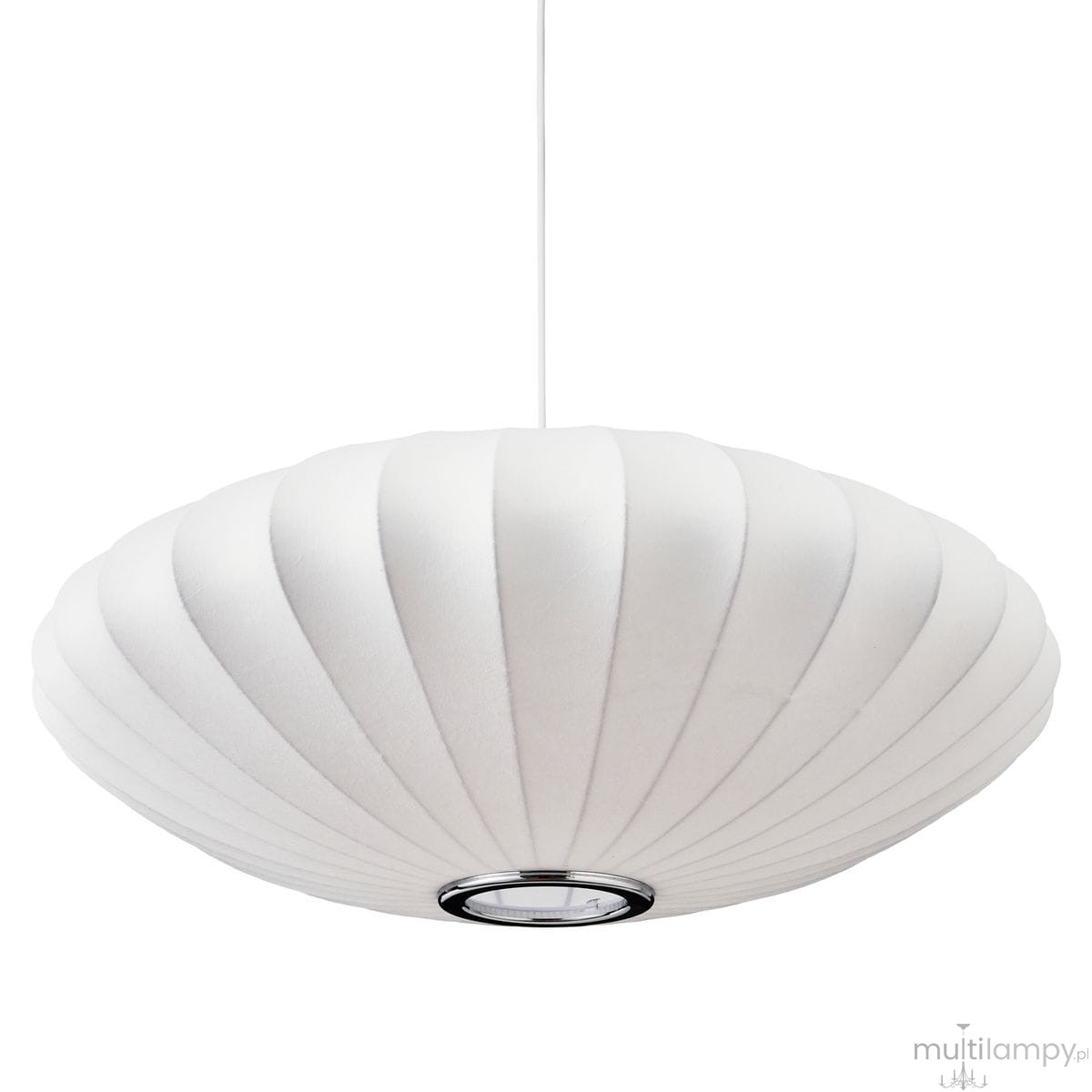 Lampa wisząca Silk Flat D50 w białym kolorze, o okrągłym, spłaszczonym kształcie z teksturowaną powierzchnią. Górna część z metalowym wykończeniem. Zawieszona na białym kablu, idealna do nowoczesnych wnętrz.