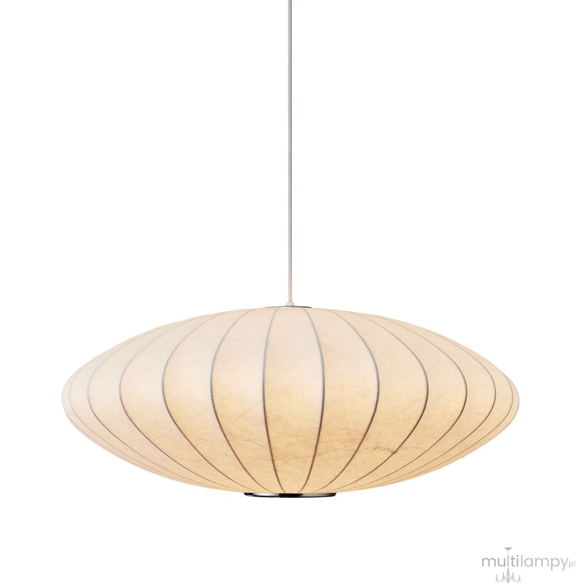 Lampa wisząca Silk Flat D50 w kolorze białym, z materiału tekstylnego, o kształcie owalu z delikatnymi linii. Posiada jedno gniazdo E27, zawieszona na cienkim kablu, z metalowym mocowaniem. Idealna do wnętrz nowoczesnych.