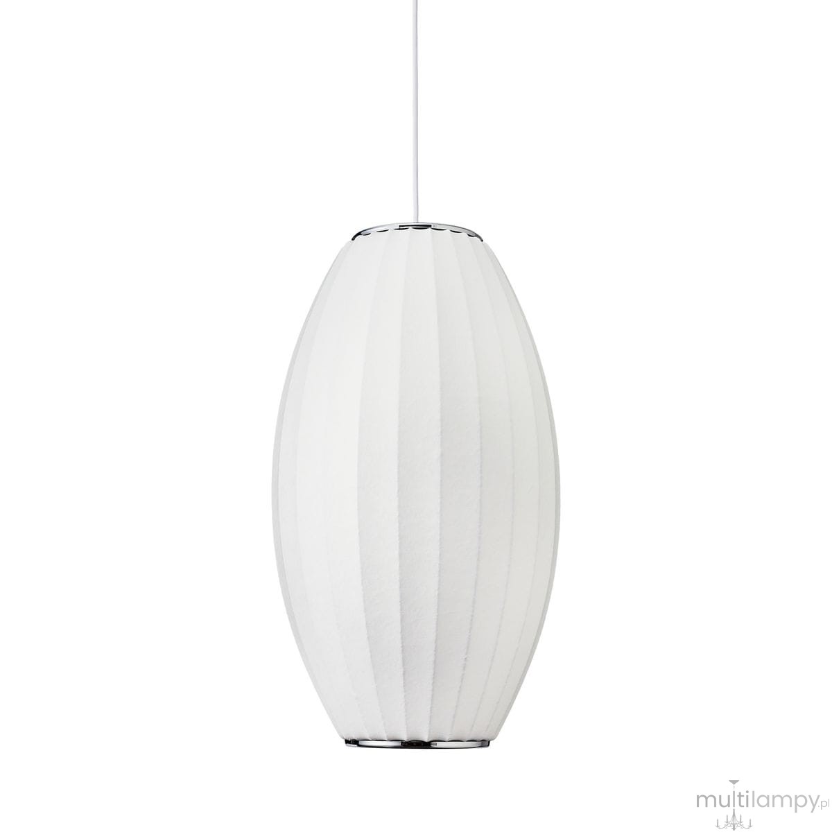 Lampa wisząca Silk Barrel D20 w kolorze białym, o kształcie elipsy z wyraźnymi żeberkami. U góry znajduje się metalowy detal, lampa jest zawieszona na białym przewodzie. Przeznaczona na żarówkę E27.