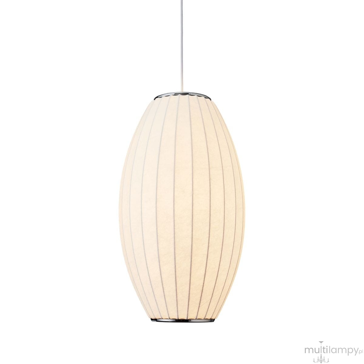 Lampa wisząca Silk Barrel D20 w białym kolorze, wykonana z materiału, o owalnym kształcie z poziomymi liniami. Zawieszona na cienkim przewodzie, przeznaczona do żarówki E27. Prosta forma, minimalistyczny design, odpowiednia do różnych wnętrz.