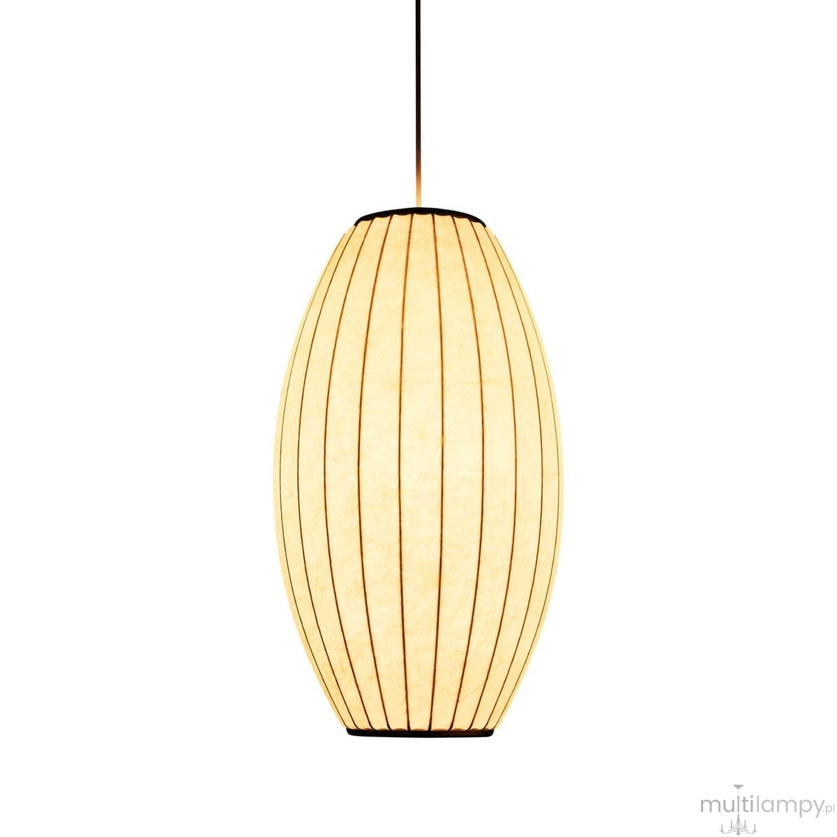 Lampa wisząca Silk Barrel D20 w kształcie elipsy, wykonana z białego materiału z czarnymi pionowymi paskami. Zawieszona na cienkim kablu, przeznaczona do żarówki E27. Idealna do nowoczesnych wnętrz.