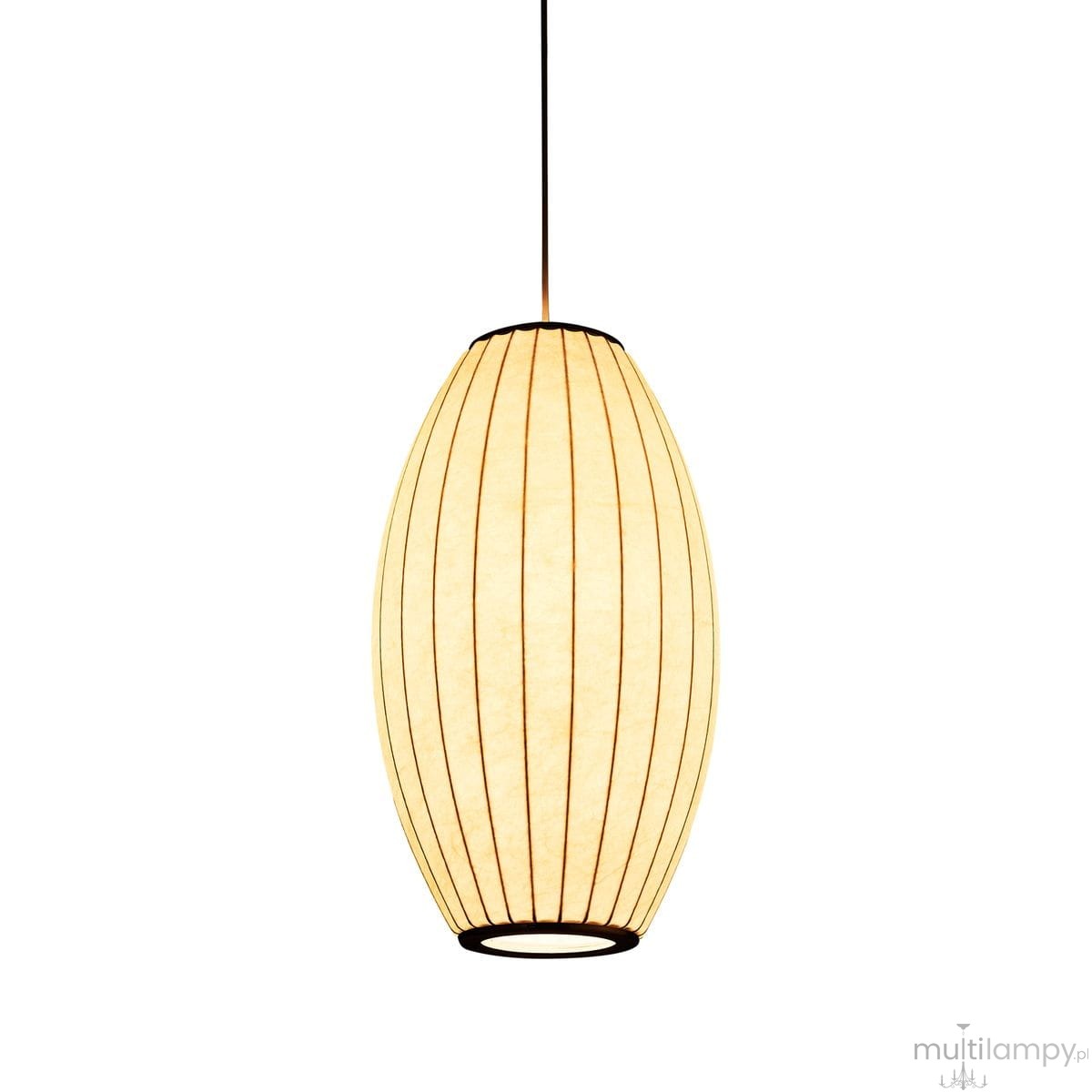 Lampa wisząca Silk Barrel D20 w kolorze białym, o kształcie elipsoidalnym, z cienkimi czarnymi paskami. Zawieszona na czarnym kablu, przeznaczona na żarówkę E27, idealna do nowoczesnych wnętrz.