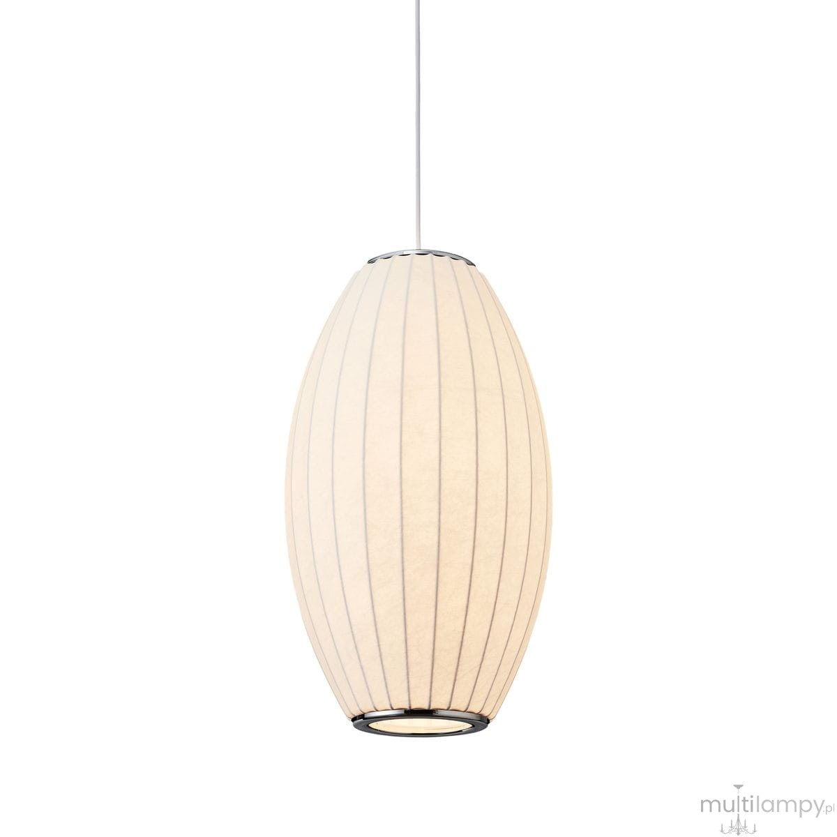 Lampa wisząca Silk Barrel D20 w kolorze białym, o kształcie elipsoidalnym z poziomymi żłobieniami. Wisi na cienkim, białym przewodzie. Posiada miejsce na żarówkę E27, bez widocznych napisów czy logo. Tło proste, jasne.